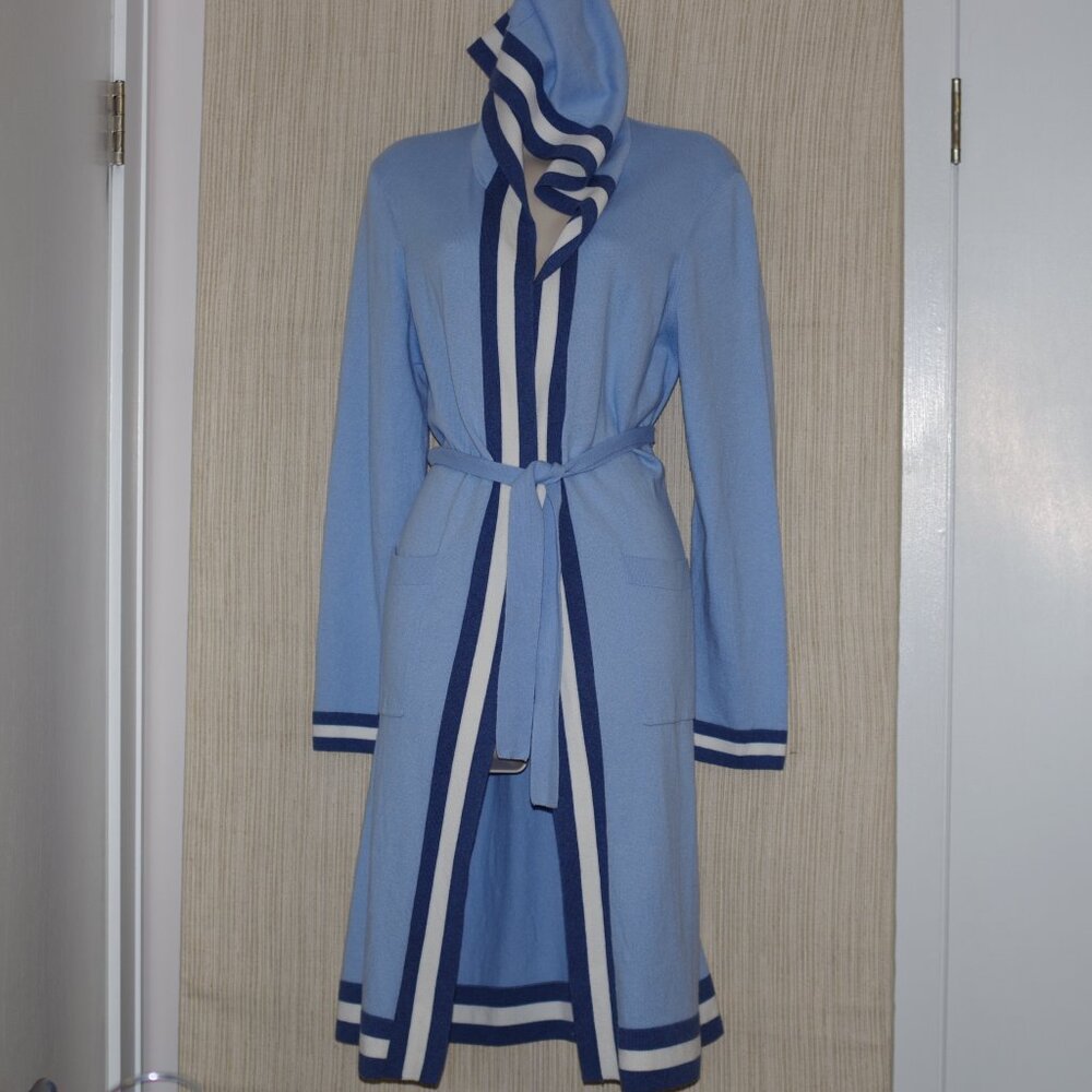 stitch & needle blue cotton cashmere hooded duster belted cardigan sweater S